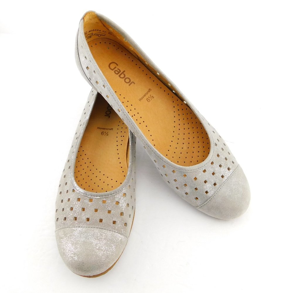 GABOR Brushed Silver Metallic Perforated Leather Ballet Flats 6.5 UK